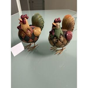 2 Decortive Rooster Figurines Quilt-Style Patchwork pattern Resin Made Textured